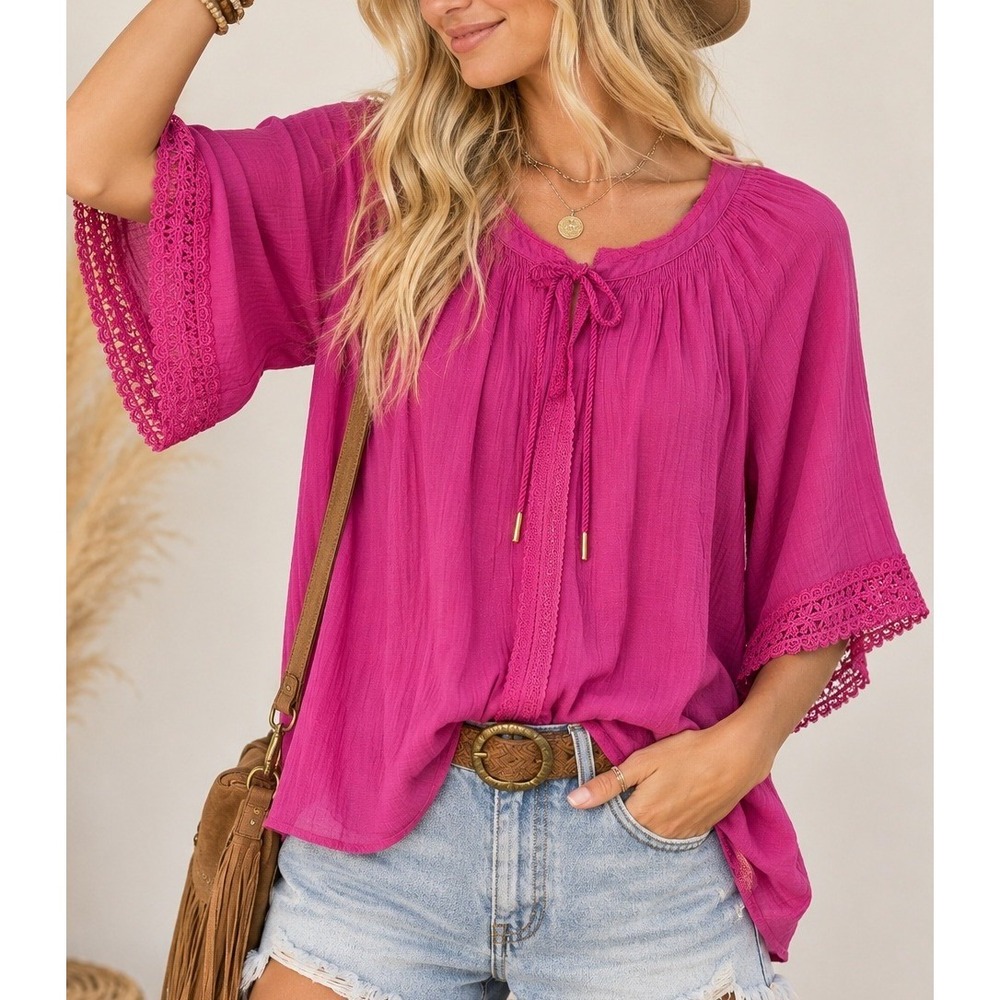 Counterparts Women Pink Lace Trim Peasant Blouse XL Boho Festival Top